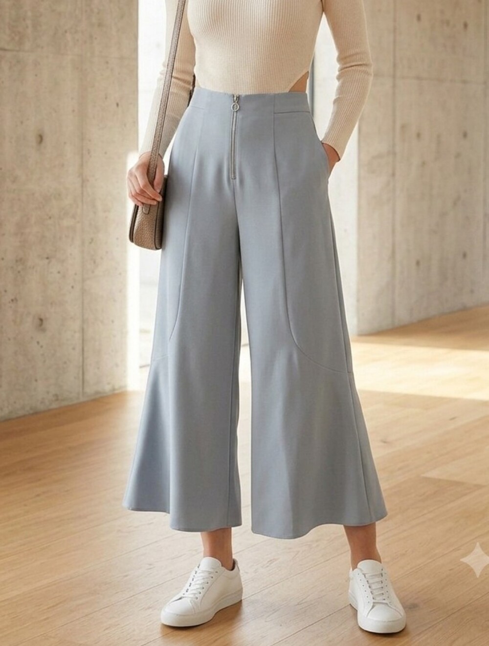 High-Waist Wide-Leg Cropped Pants in Light Blue 42" Believed To Be Sz M